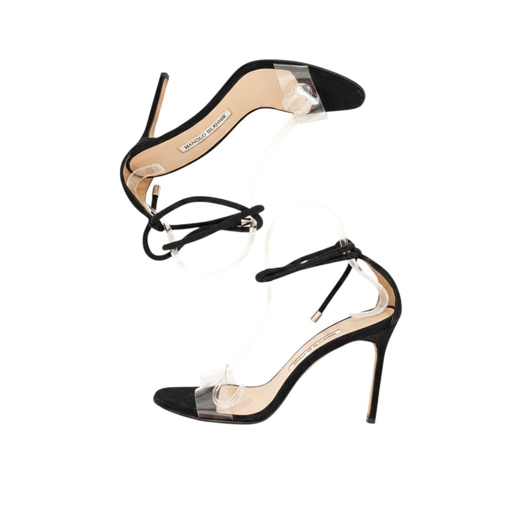 Manolo Blahnik Estro Black Suede PVC Clear Strap Ankle Tie Heel Sandal 38.5